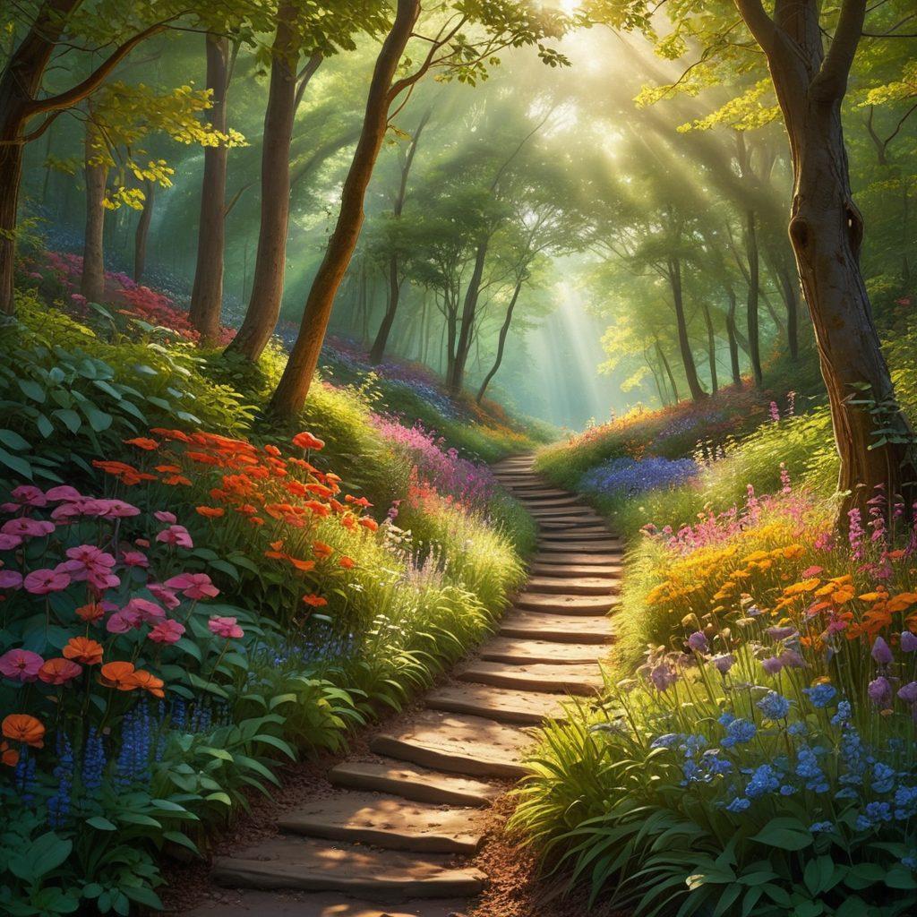 A serene landscape showcasing a winding path illuminated by soft, warm light, representing a journey through dark woods transitioning into a bright, sunny clearing filled with colorful flowers and joyous figures celebrating. Include elements like shadowy trees fading into bright foliage, symbolizing transformation and hope. ethereal and dreamlike. vibrant colors. 3D.