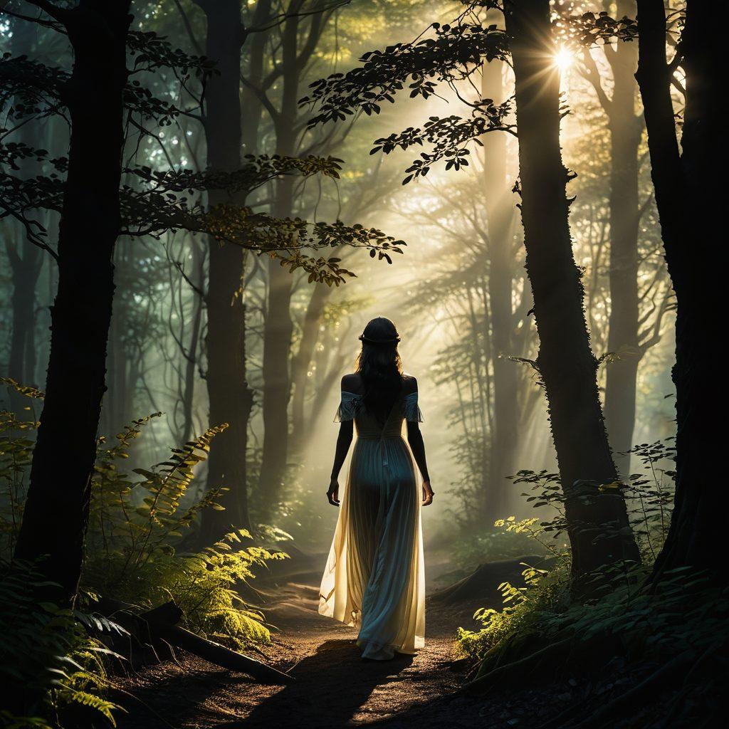 A serene figure walking through a dark forest, bathed in soft golden light filtering through the trees, symbolizing joy breaking through shadows. The atmosphere should convey a sense of mystery, with ethereal mist swirling around and subtle hints of vibrant flowers at their feet. Emphasis on contrasts between light and dark, capturing a moment of hope and discovery. poetic and dreamlike. vibrant colors. soft focus.