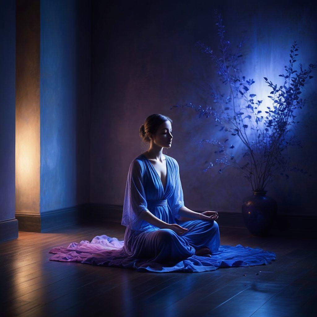 A serene figure sitting cross-legged in a dimly lit room filled with shadows, surrounded by floating, ethereal wisps of light that symbolize bliss and contentment. The atmosphere should evoke a sense of mystery, with soft gradients of indigo and deep violet, enhancing the enigmatic mood. Subtle reflections of calming nature elements like water and leaves in the shadows create a harmonious blend. mystical art. vibrant colors. soft lighting.